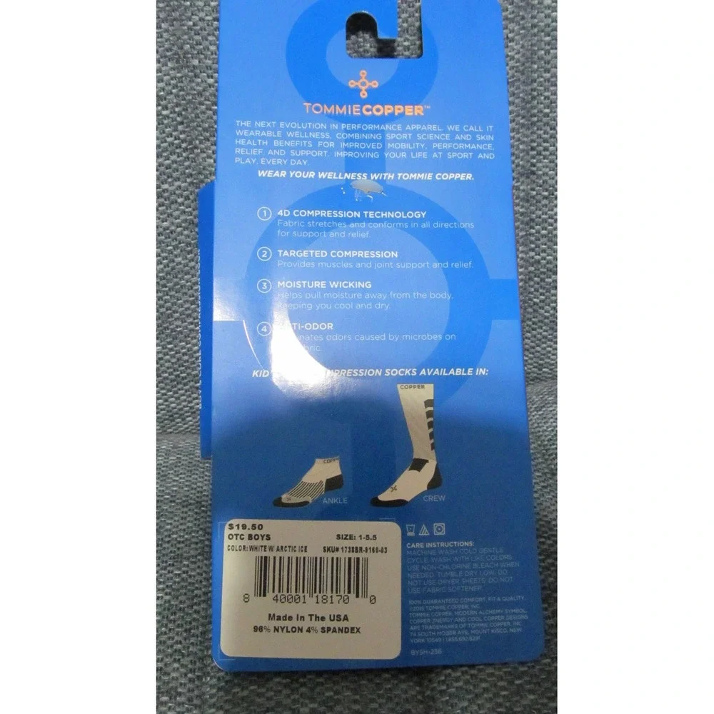Tommie Copper Boy's Core Over The Calf Compression Socks White Gray Size 1-5.5