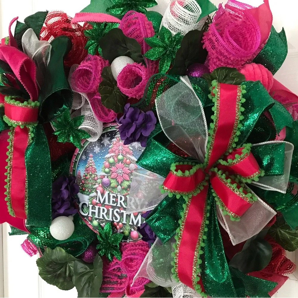 Festive Christmas Wreath with Pink and Green Accents