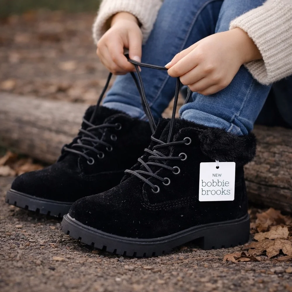 NEW Black Velvet Lace-Up Boots Toddler Girl Size 12 NWT Faux Fur Trim Lug Sole