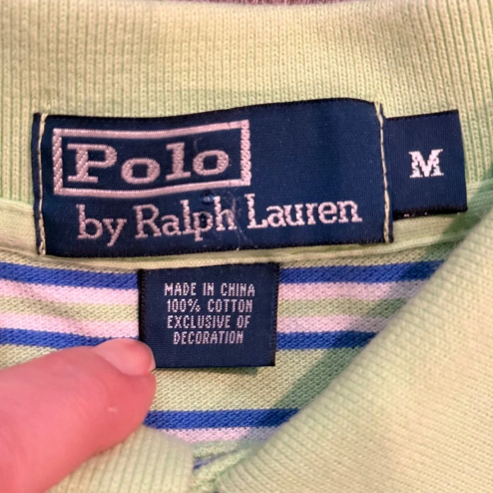 Polo Ralph Lauren Mens Medium Lime Green Blue Striped Short Sleeve Polo Shirt