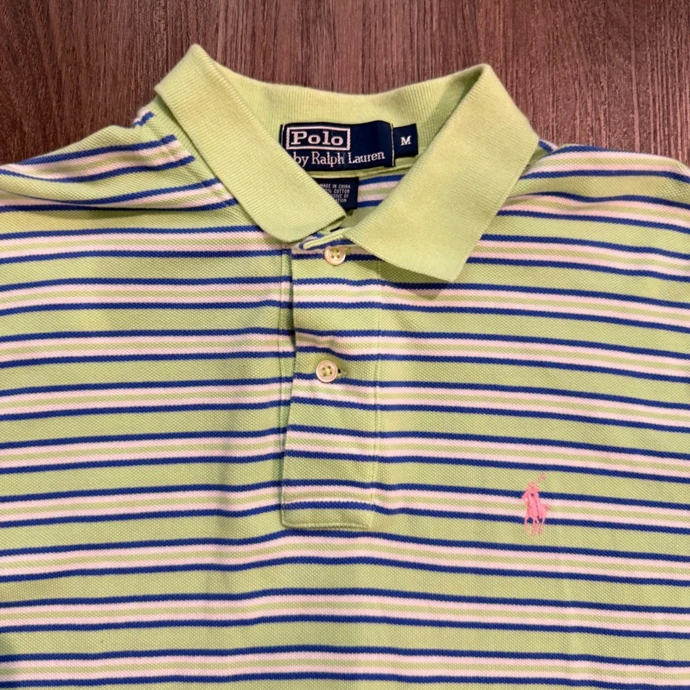 Polo Ralph Lauren Mens Medium Lime Green Blue Striped Short Sleeve Polo Shirt