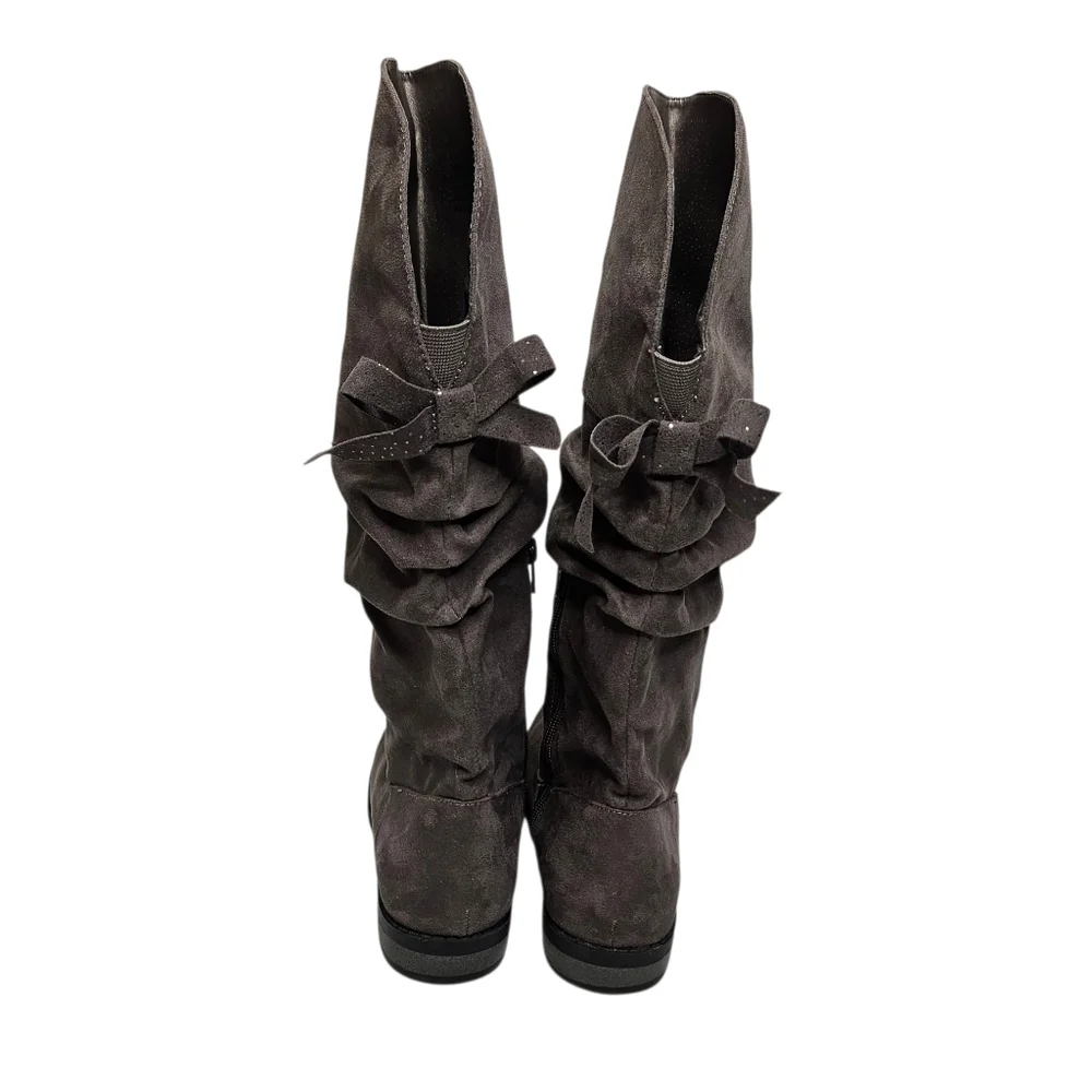 Cat & Jack Girl's grey faux suede knee high slouch boots with bow detail