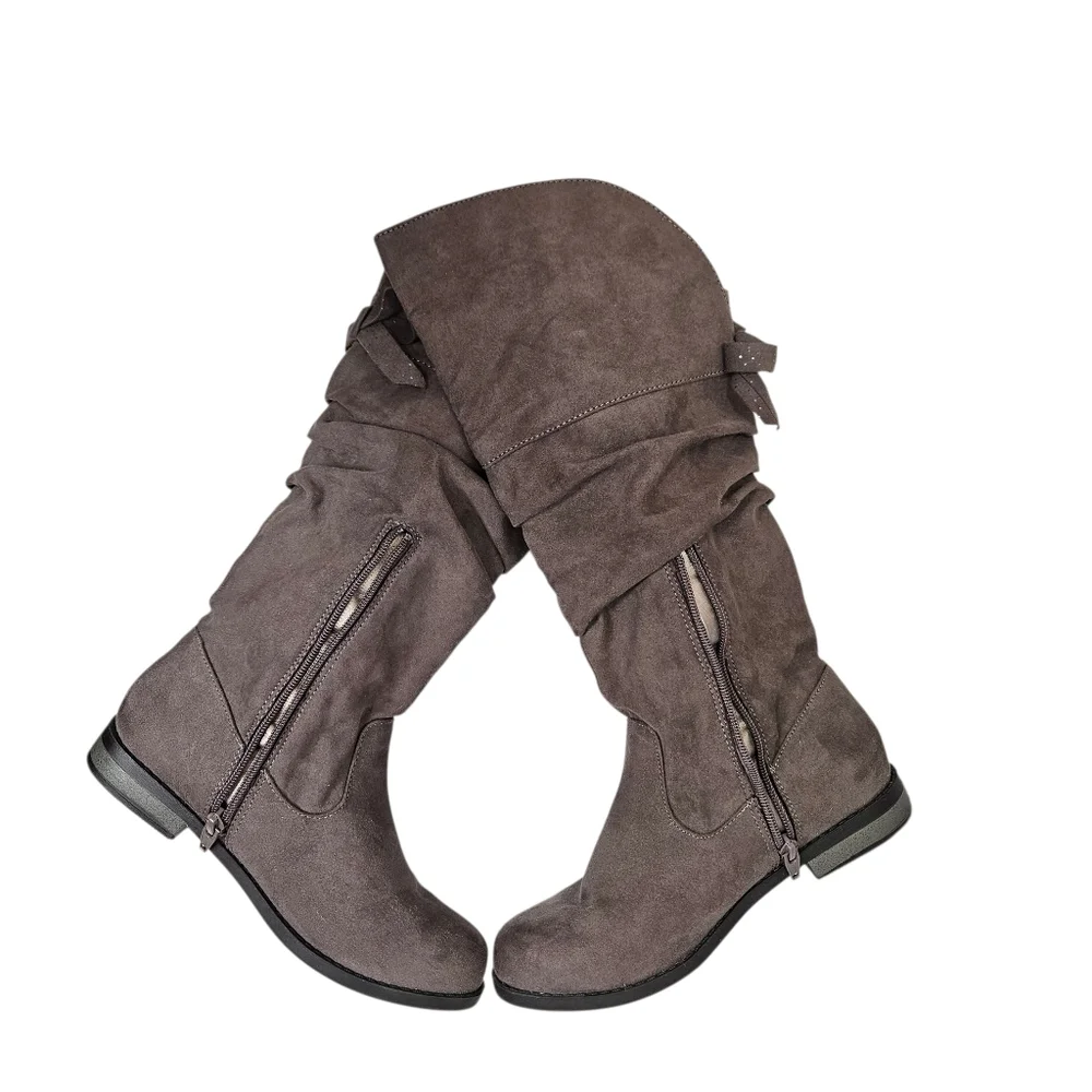 Cat & Jack Girl's grey faux suede knee high slouch boots with bow detail