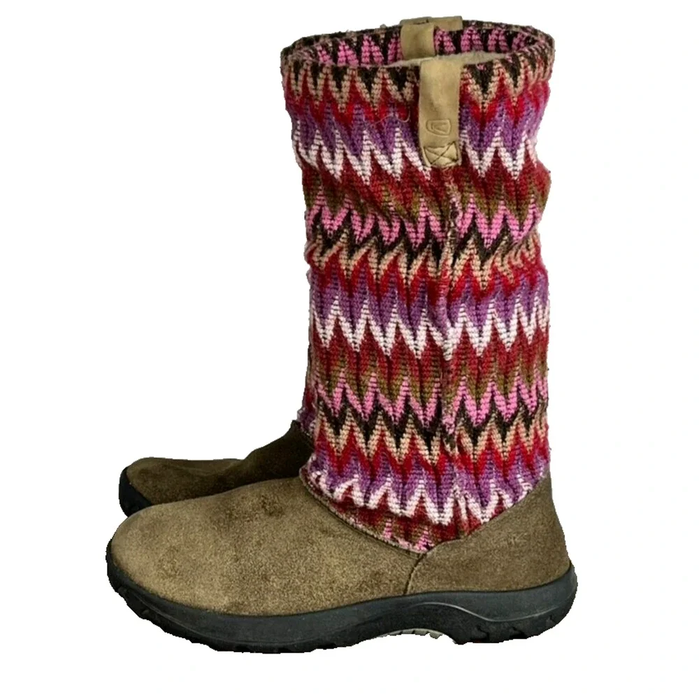 Keen Auburn Boots Shoes Kids Girl 4 Knit Navajo Suede Wool Pull On Tall Winter