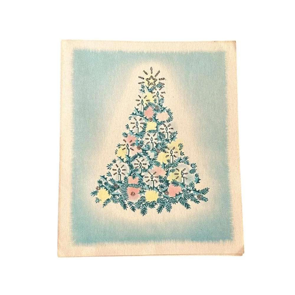Vintage 40s 50s Rynart Card Watercolor Christmas Tree Retro Art MCM Ephemera