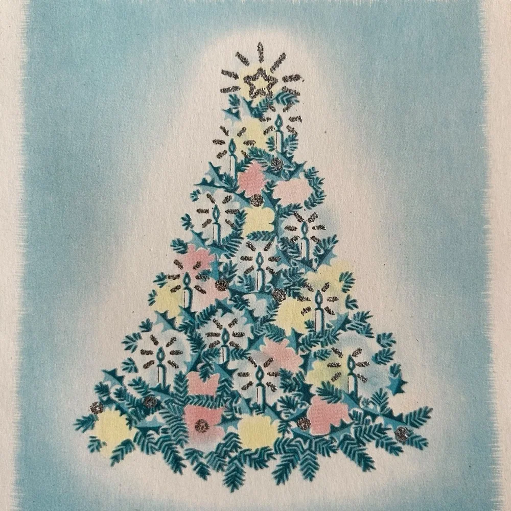 Vintage 40s 50s Rynart Card Watercolor Christmas Tree Retro Art MCM Ephemera