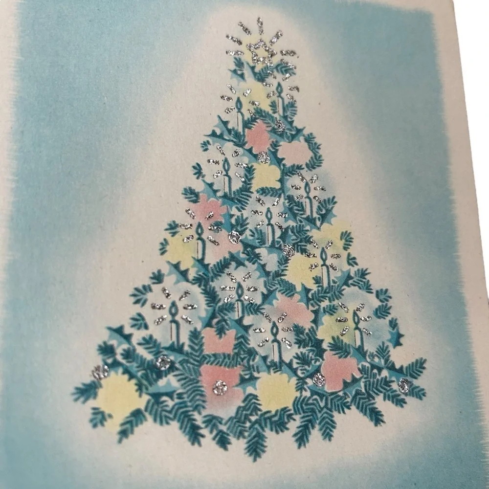 Vintage 40s 50s Rynart Card Watercolor Christmas Tree Retro Art MCM Ephemera