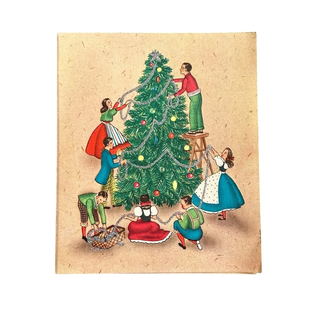 Vintage 40s 50s Rynart Christmas Card Family Decorating Tree w/ Tinsel Retro Art