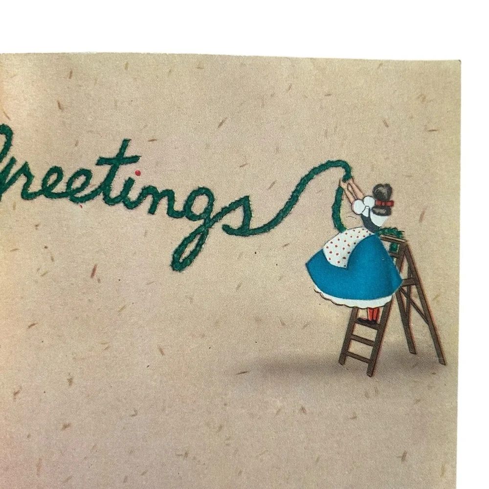 Vintage 40s 50s Rynart Christmas Card Family Decorating Tree w/ Tinsel Retro Art