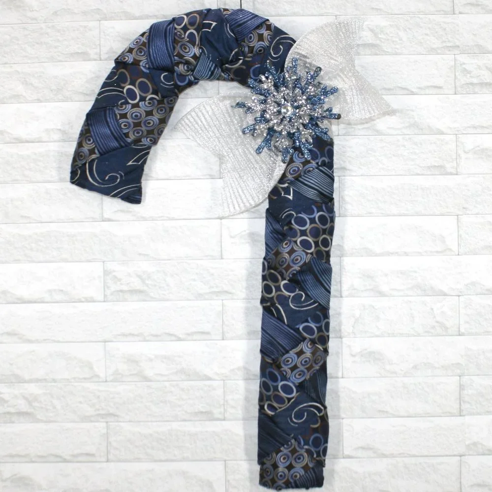 HAND CRAFTED Candy Cane Christmas Wall Art Wreath Decor Upcycled Neckties Blue