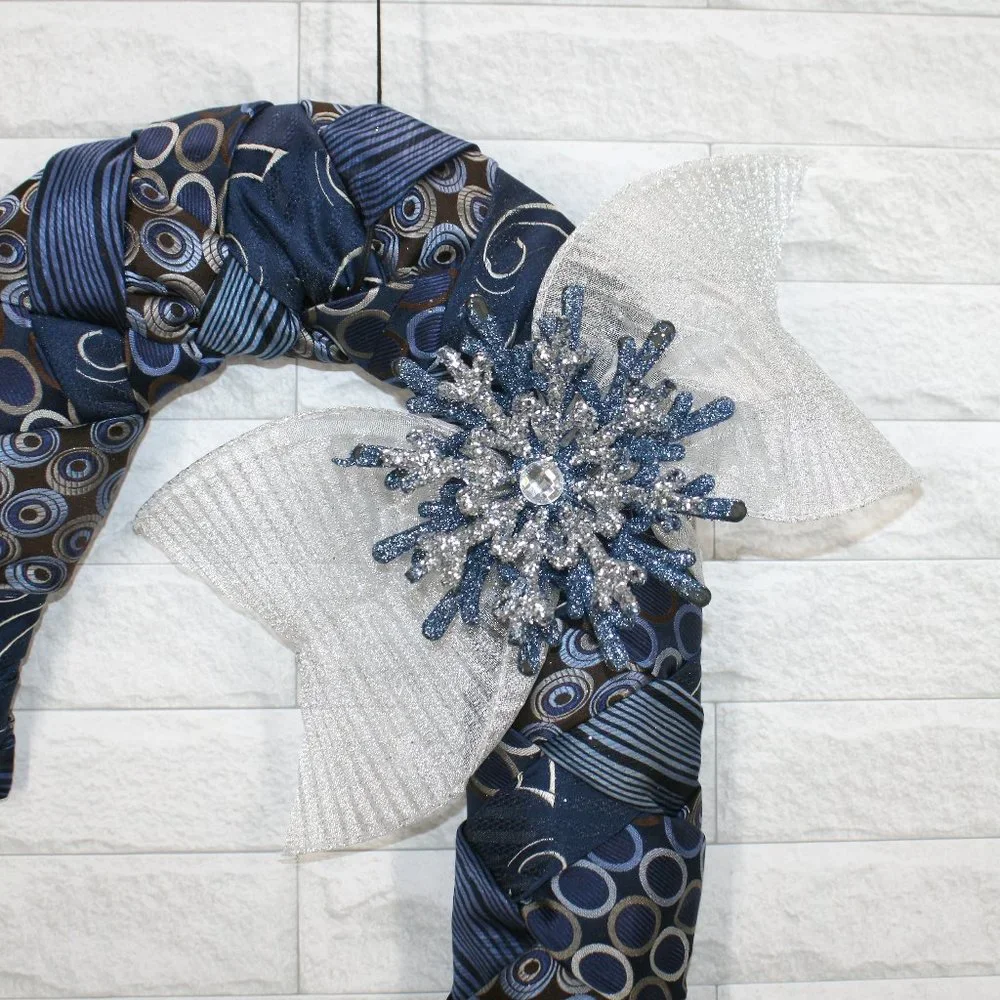 HAND CRAFTED Candy Cane Christmas Wall Art Wreath Decor Upcycled Neckties Blue