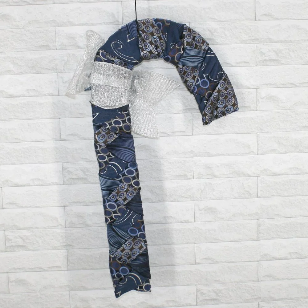 HAND CRAFTED Candy Cane Christmas Wall Art Wreath Decor Upcycled Neckties Blue