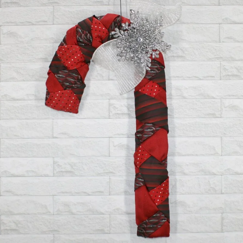 HAND CRAFTED Candy Cane Red Black Wreath Christmas Decor Upcycled Necktie