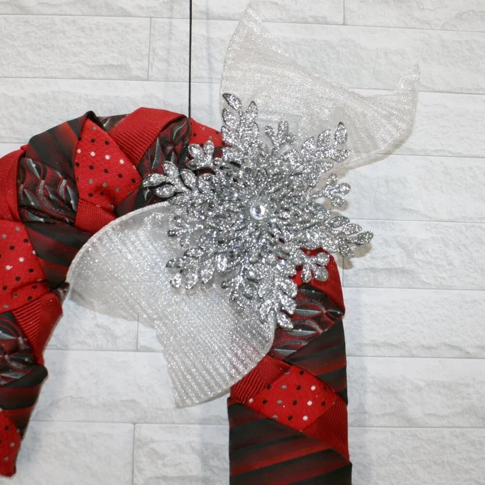 HAND CRAFTED Candy Cane Red Black Wreath Christmas Decor Upcycled Necktie