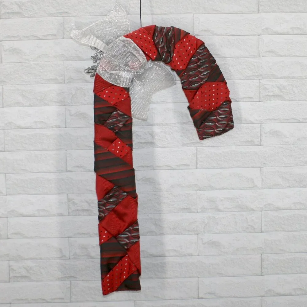 HAND CRAFTED Candy Cane Red Black Wreath Christmas Decor Upcycled Necktie