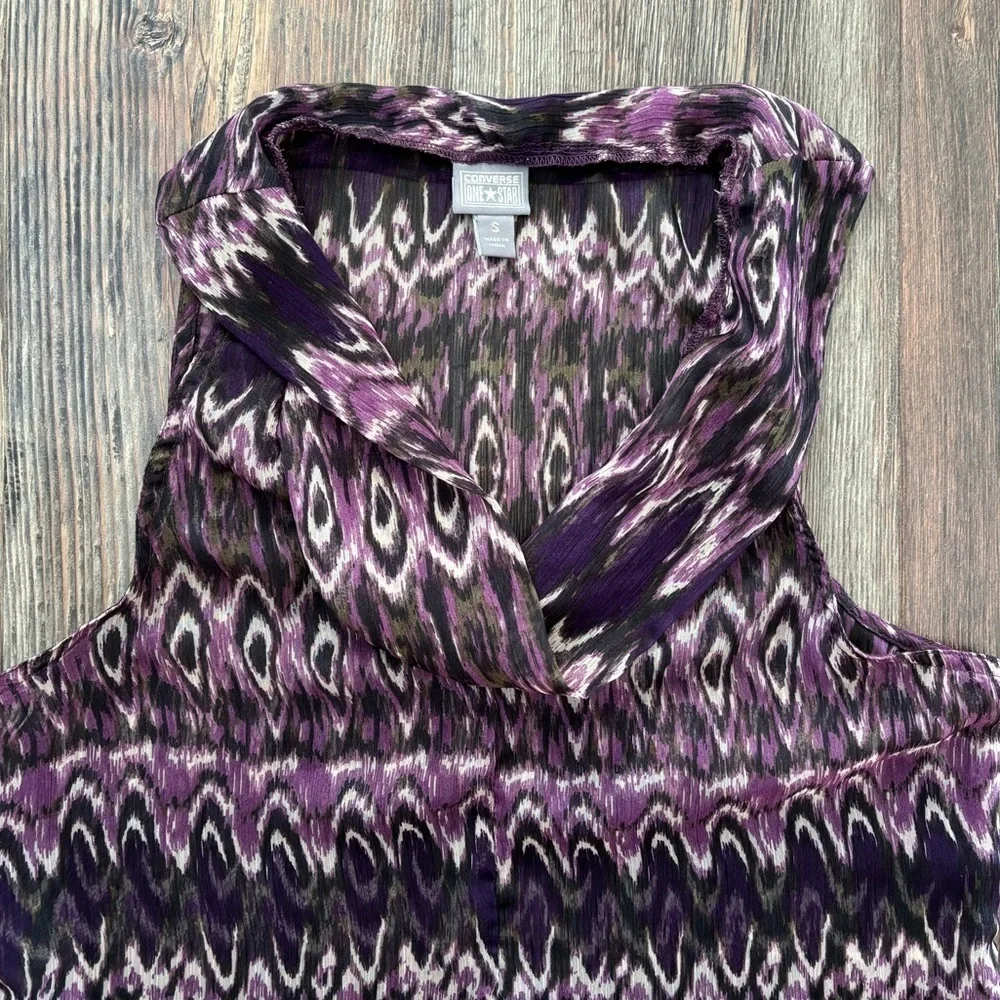 Converse One Star Womens Tank Top Sm Purple Ikat Cowl Neckline Sleeveless Sheer