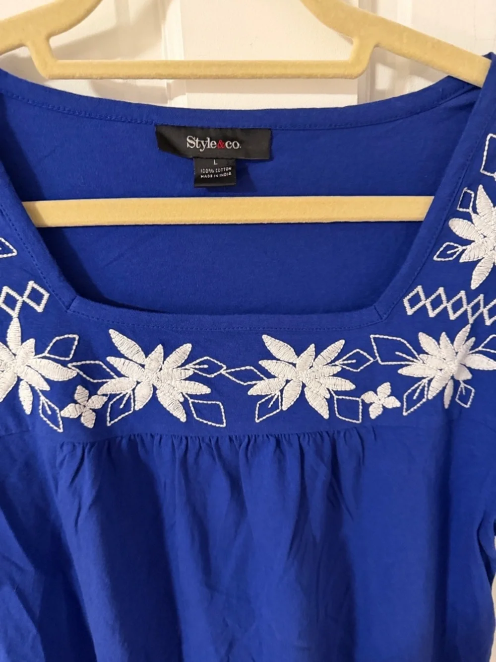NWT Style & Co. Royal Blue Embroidered Square-Neck Top 100% cotton knit Large