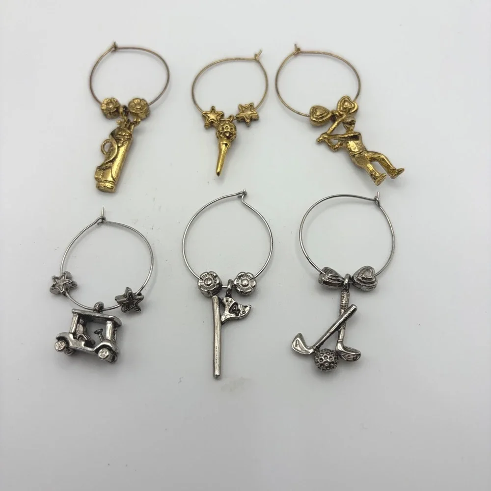 Set of 6 Golf Wine Glass Charms Gold Silver Tone‎ Sports Themed Drink Markers