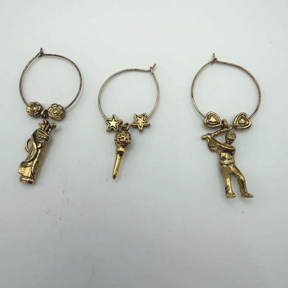 Set of 6 Golf Wine Glass Charms Gold Silver Tone‎ Sports Themed Drink Markers