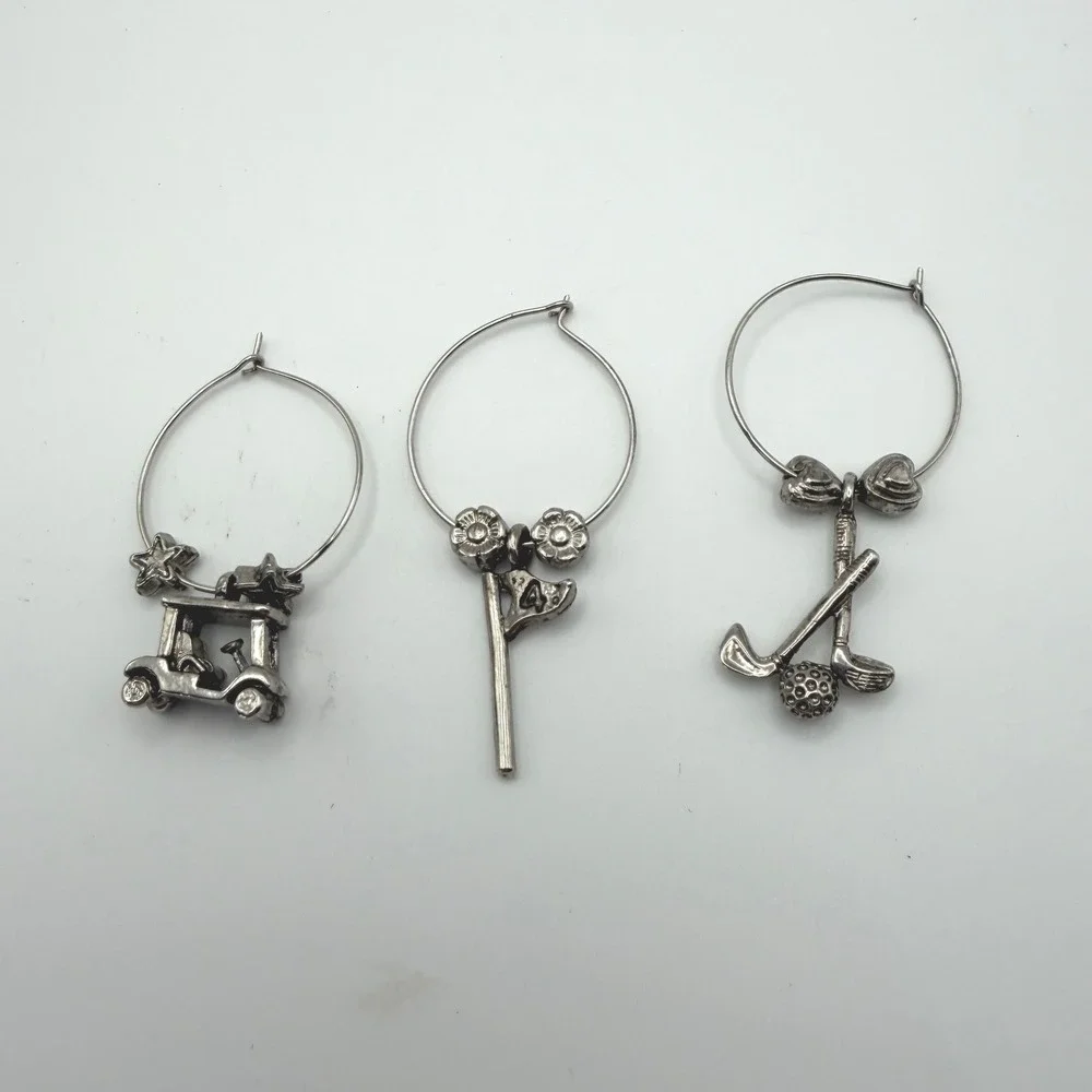 Set of 6 Golf Wine Glass Charms Gold Silver Tone‎ Sports Themed Drink Markers