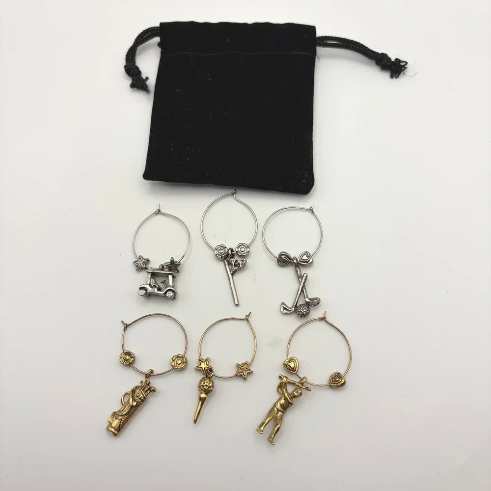 Set of 6 Golf Wine Glass Charms Gold Silver Tone‎ Sports Themed Drink Markers