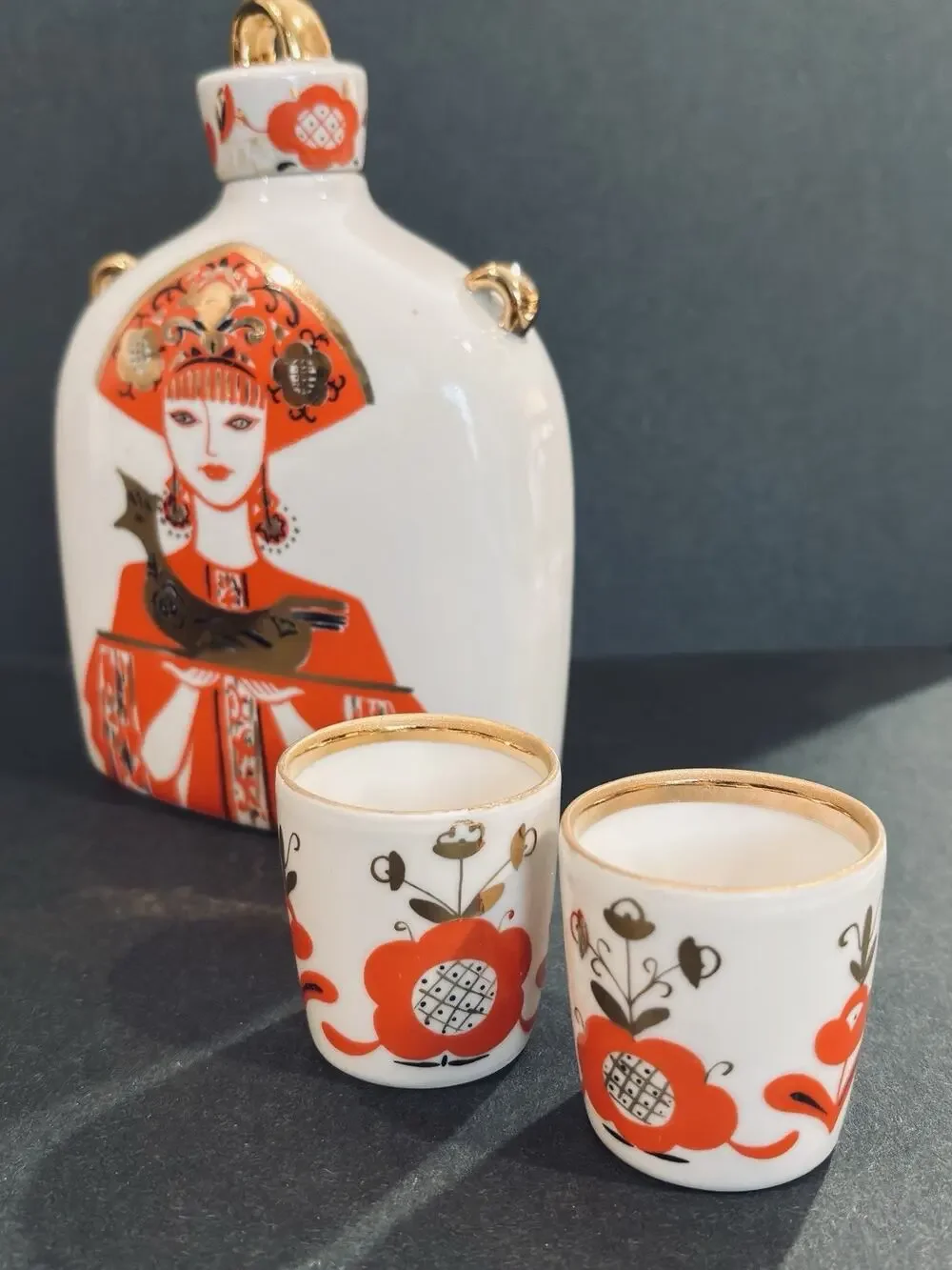￼ Vintage USSR Russian Porcelain Decanter Set Woman Holding Bird Rooster 2 Cups