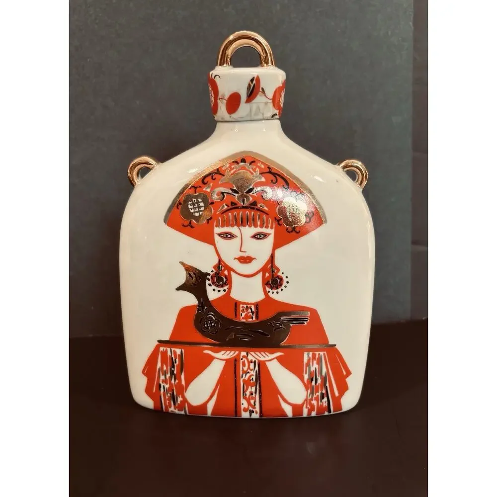 ￼ Vintage USSR Russian Porcelain Decanter Set Woman Holding Bird Rooster 2 Cups