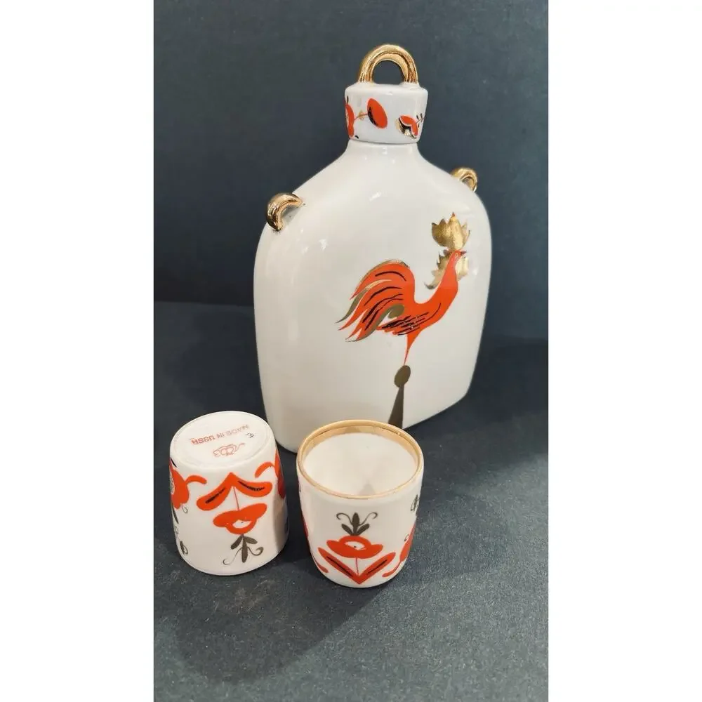 ￼ Vintage USSR Russian Porcelain Decanter Set Woman Holding Bird Rooster 2 Cups