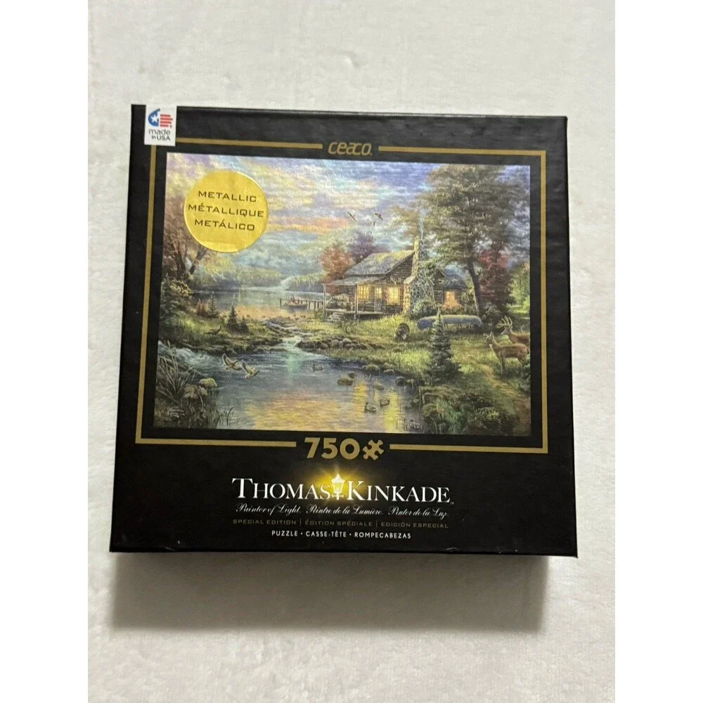 Thomas Kinkade 750 Piece Puzzle Metallic Lot of 4 Puzzles Lighthouse Cottage