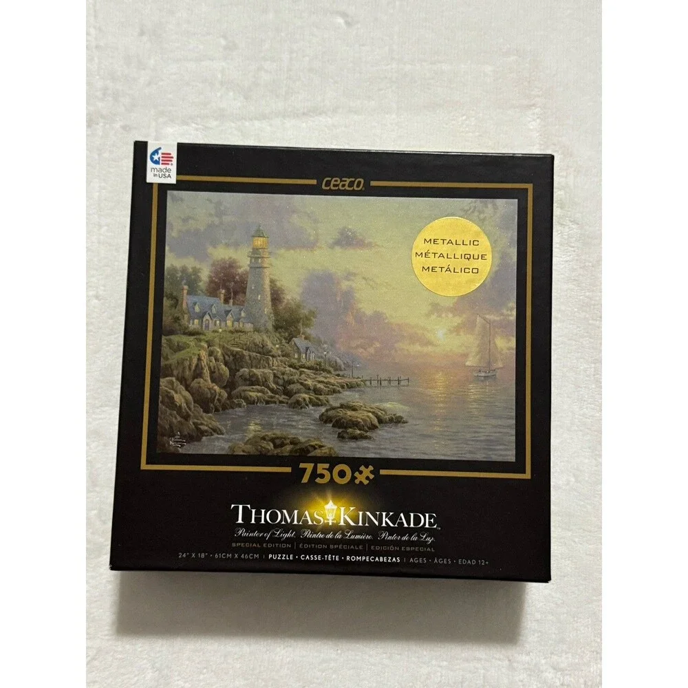 Thomas Kinkade 750 Piece Puzzle Metallic Lot of 4 Puzzles Lighthouse Cottage