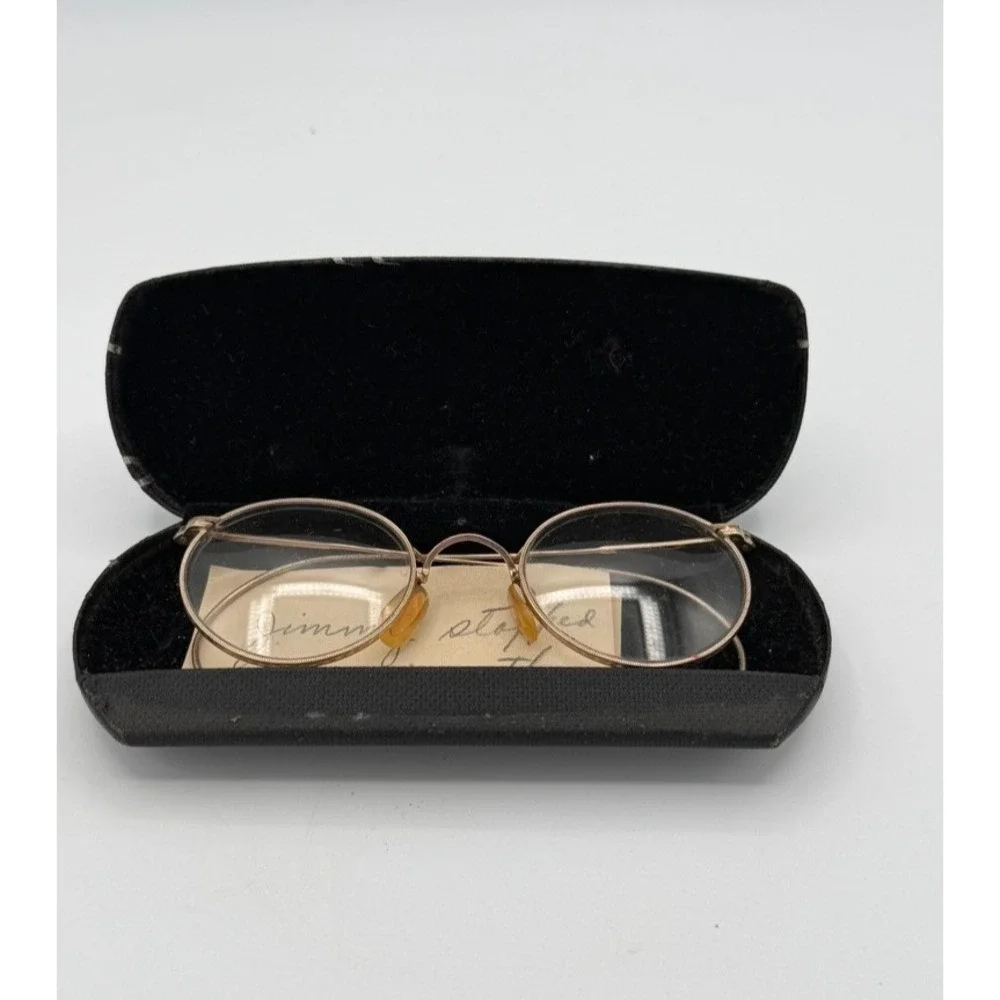 Vintage Round Wire Rim Eyeglasses Gold Tone Frames w/ Case 1950s Style