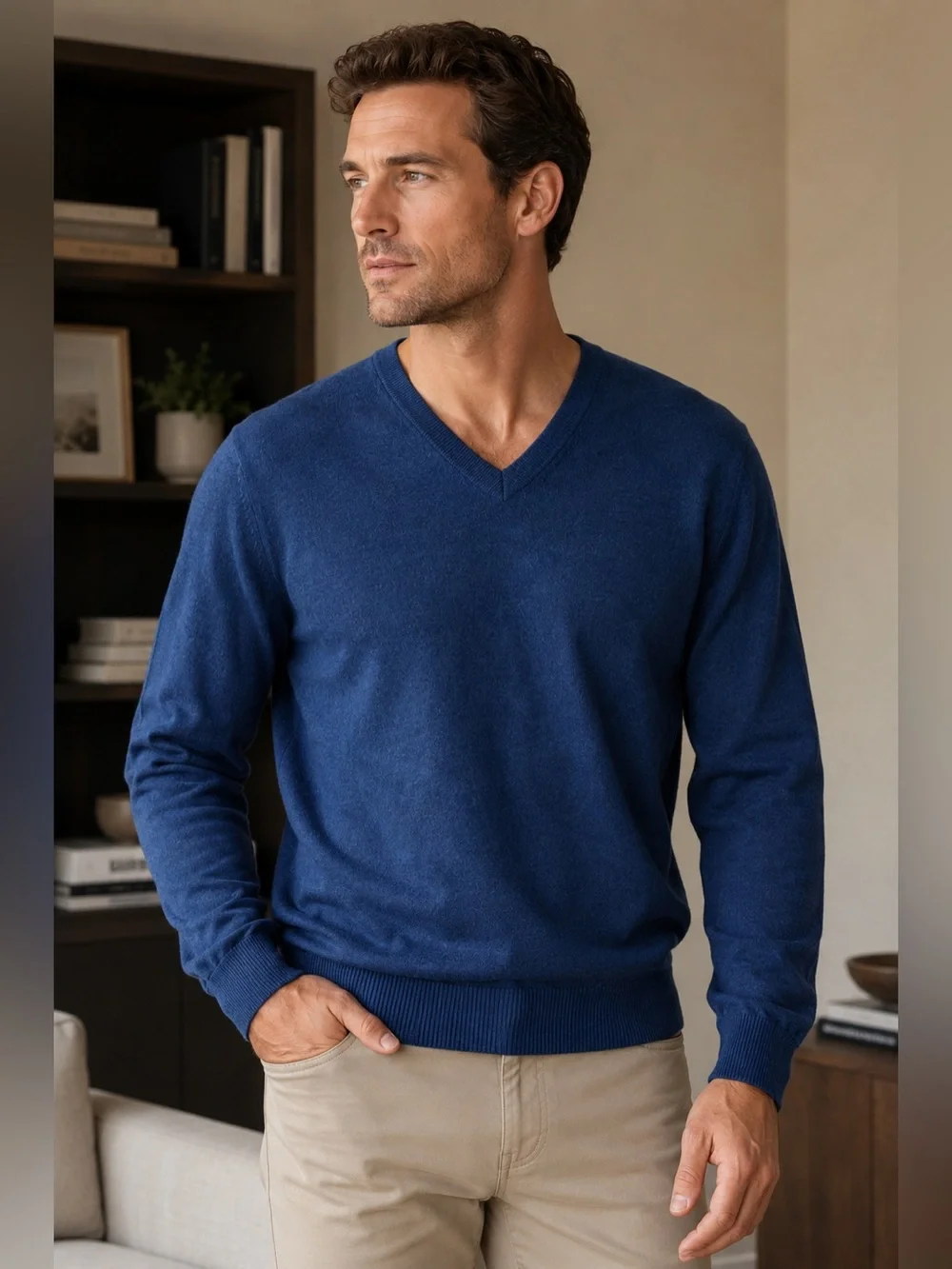Hart Schaffner Marx 100% Extra Fine Merino Wool V-Neck Sweater Navy Blue - L