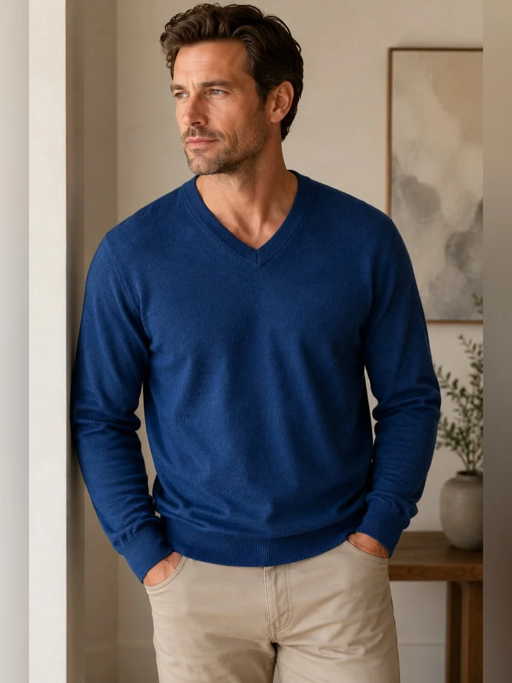 Hart Schaffner Marx 100% Extra Fine Merino Wool V-Neck Sweater Navy Blue - L