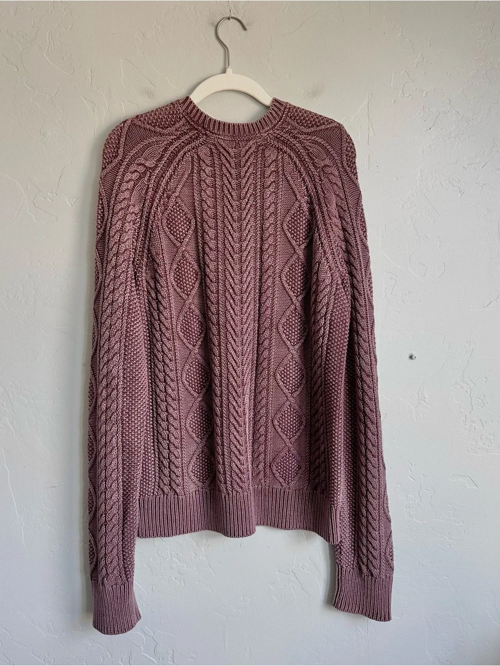 rag & bone Mens Dexter Aran Cable Knit Crewneck Sweater Mauve Medium Luxe Preppy
