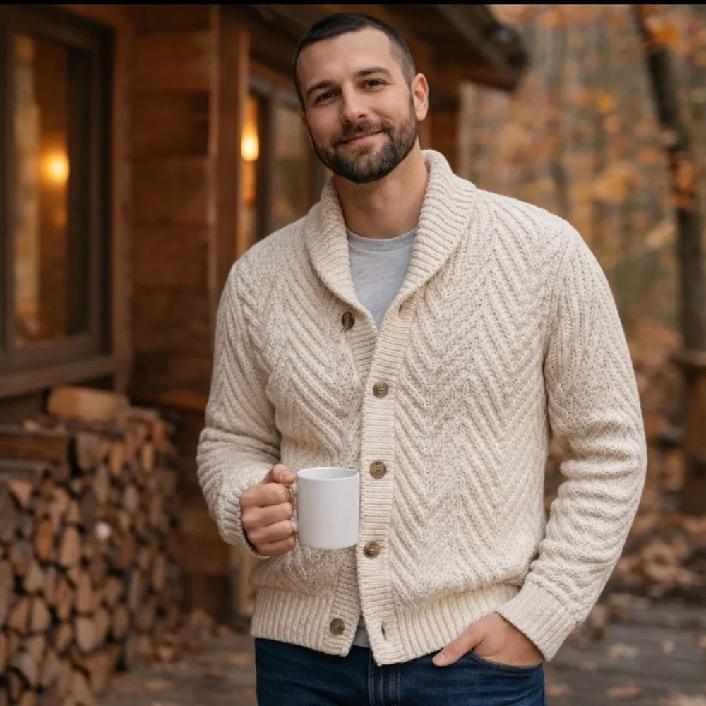Goodfellow Shawl Cardigan Sweater Mens Large Cream Chunky Knit Button NWOT