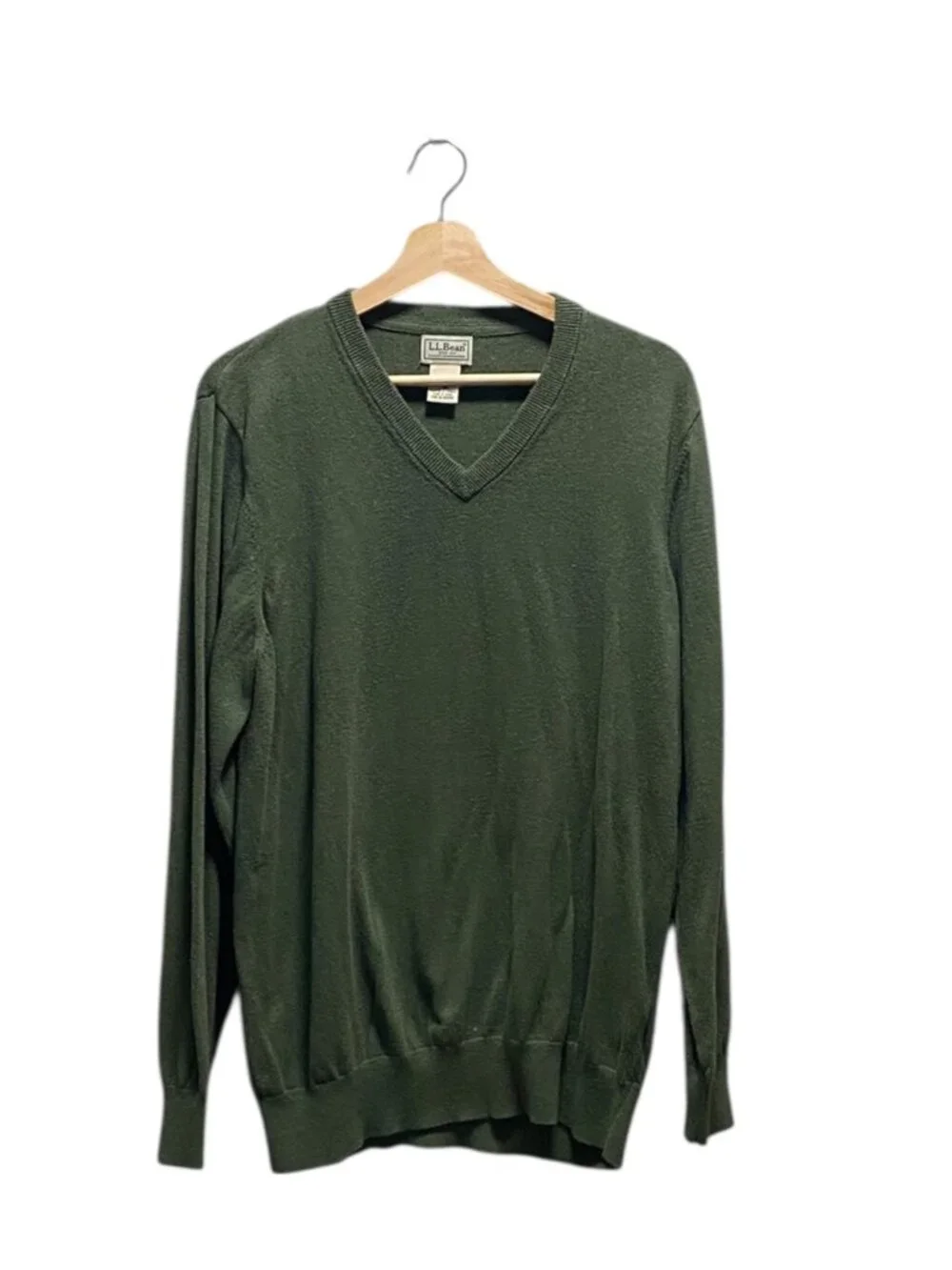 L.L. Bean Mens Vintage V Neck Sweater Green Size L Y2K Cashmere Blend Preppy