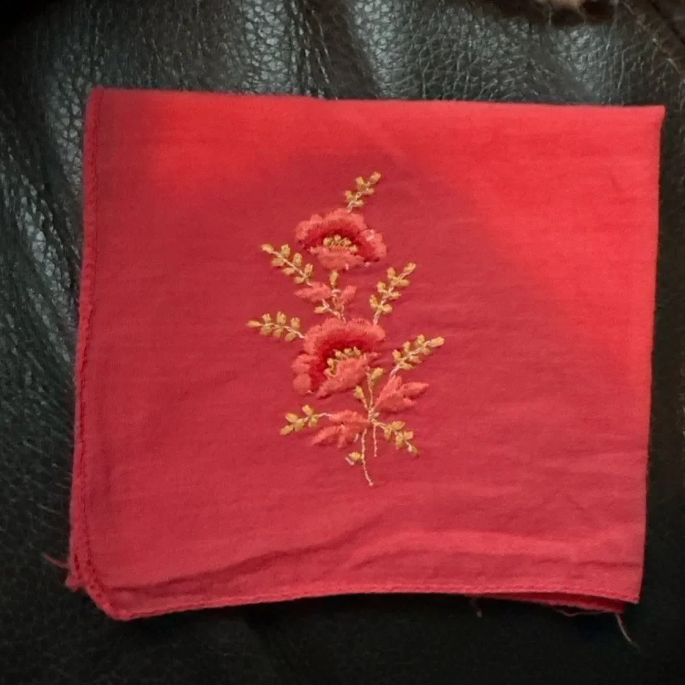 Vintage Red Embroidered Handkerchief Floral Cotton Cotton Hankie