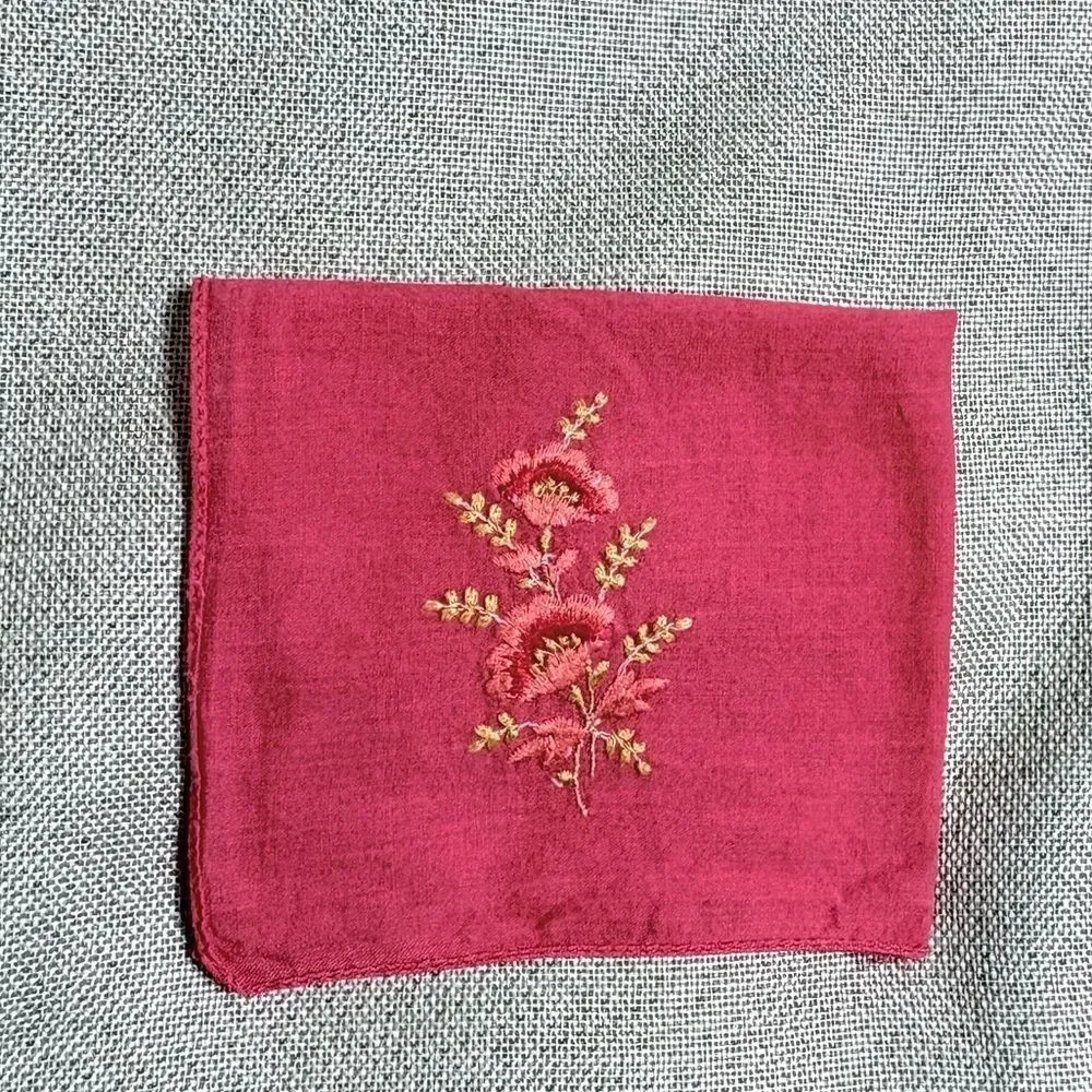 Vintage Red Embroidered Handkerchief Floral Cotton Cotton Hankie