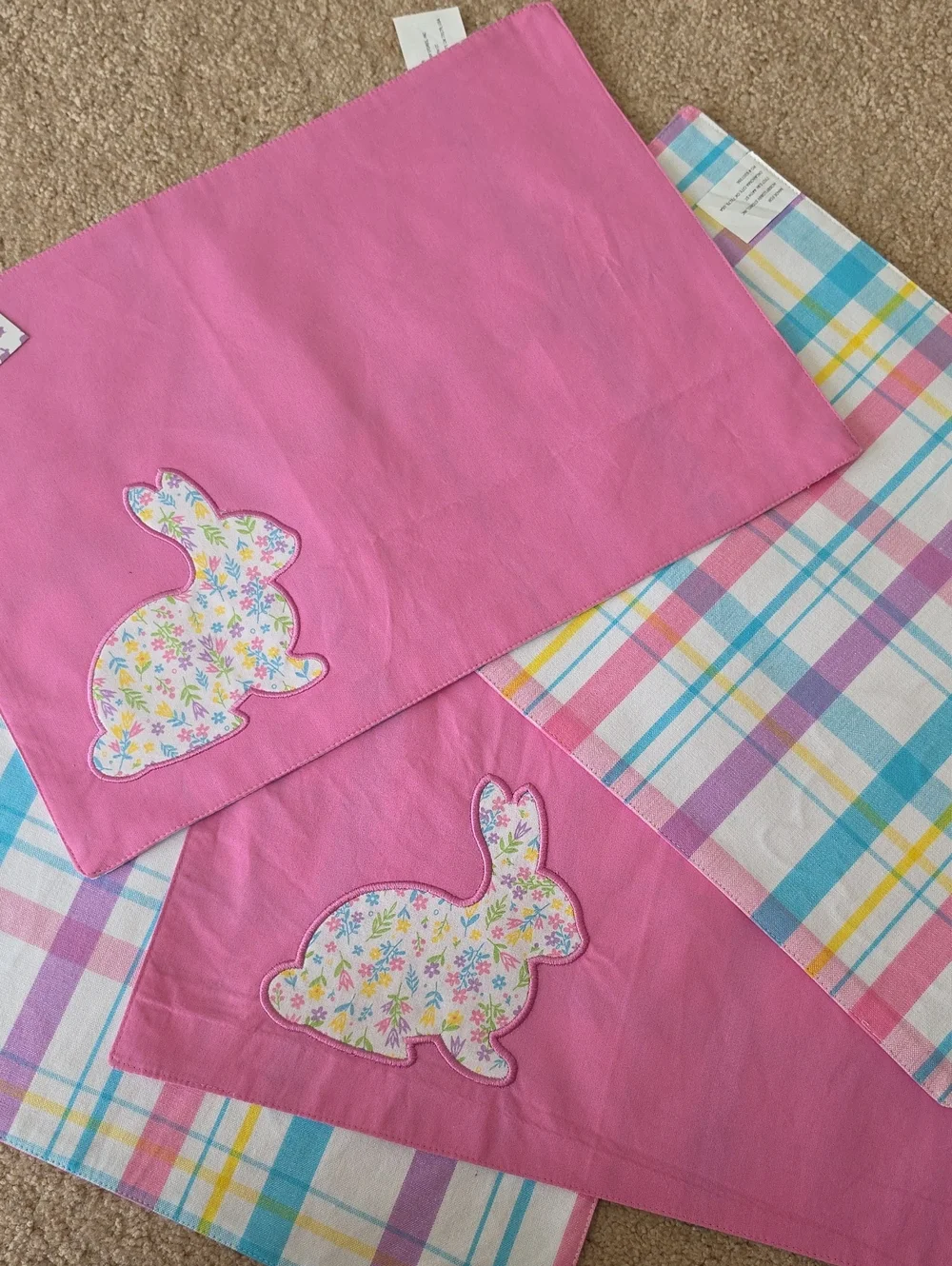 Pink Bunny Appliqué Placemats 4 In Set with Pastel Plaid