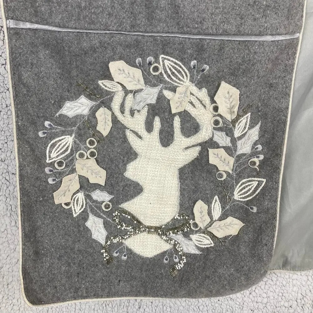 Ridgefield Table Runner Holiday Grey Elk Deer Wreath Applique Wool Blend Beads