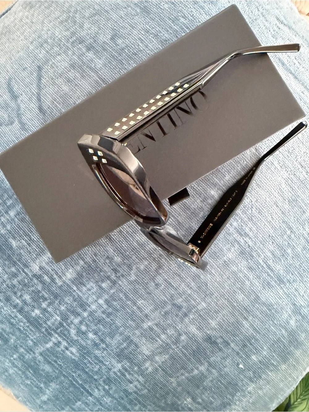 Valentino Black Rectangular Sunglasses with Studded Temples