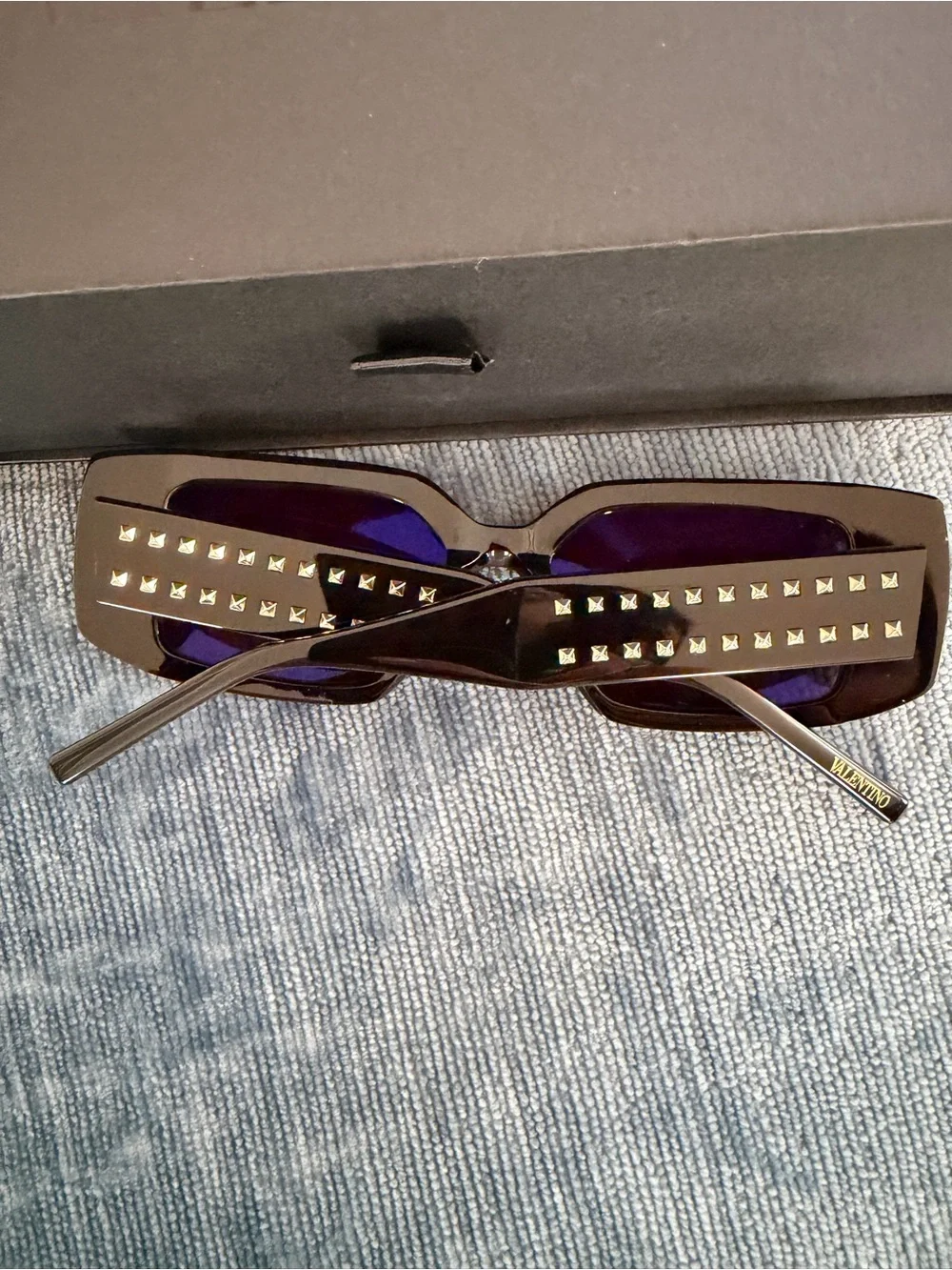 Valentino Black Rectangular Sunglasses with Studded Temples