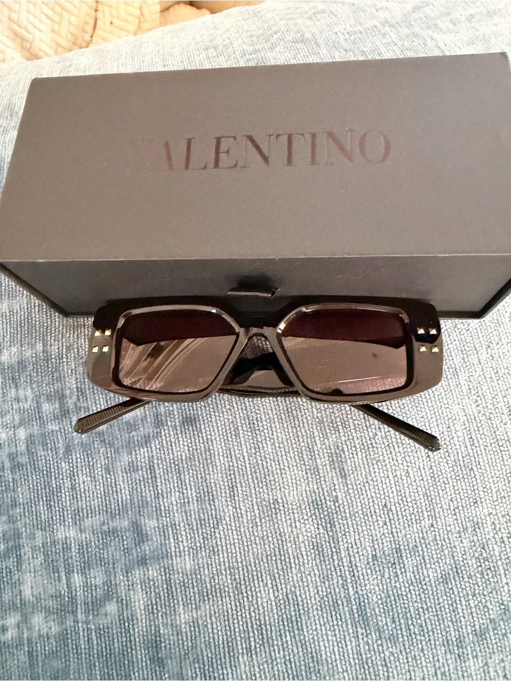 Valentino Black Rectangular Sunglasses with Studded Temples
