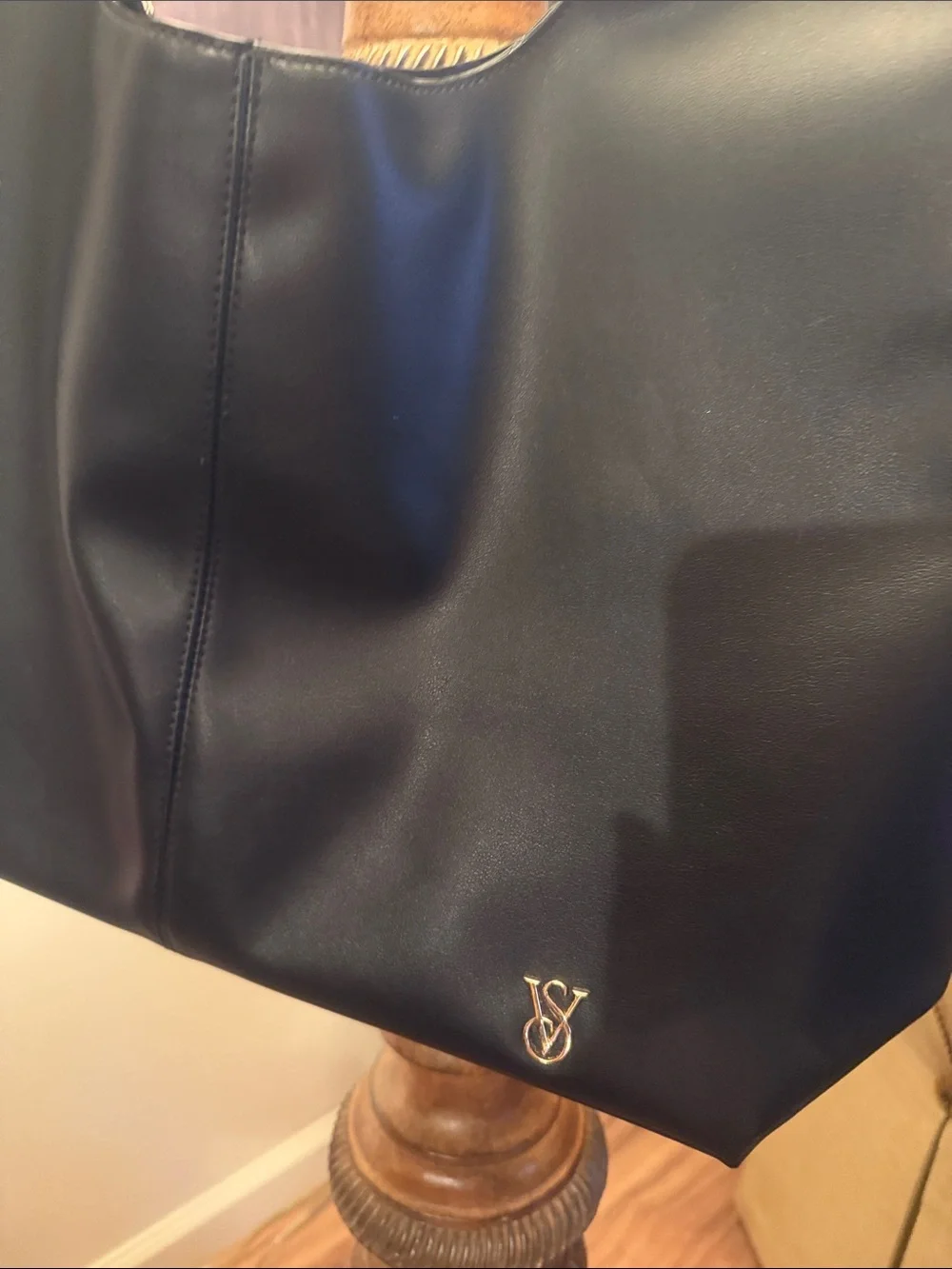 Victoria Secret Black Leather Shoulder Hobo with VS Monogram & Bow on  Shoulder