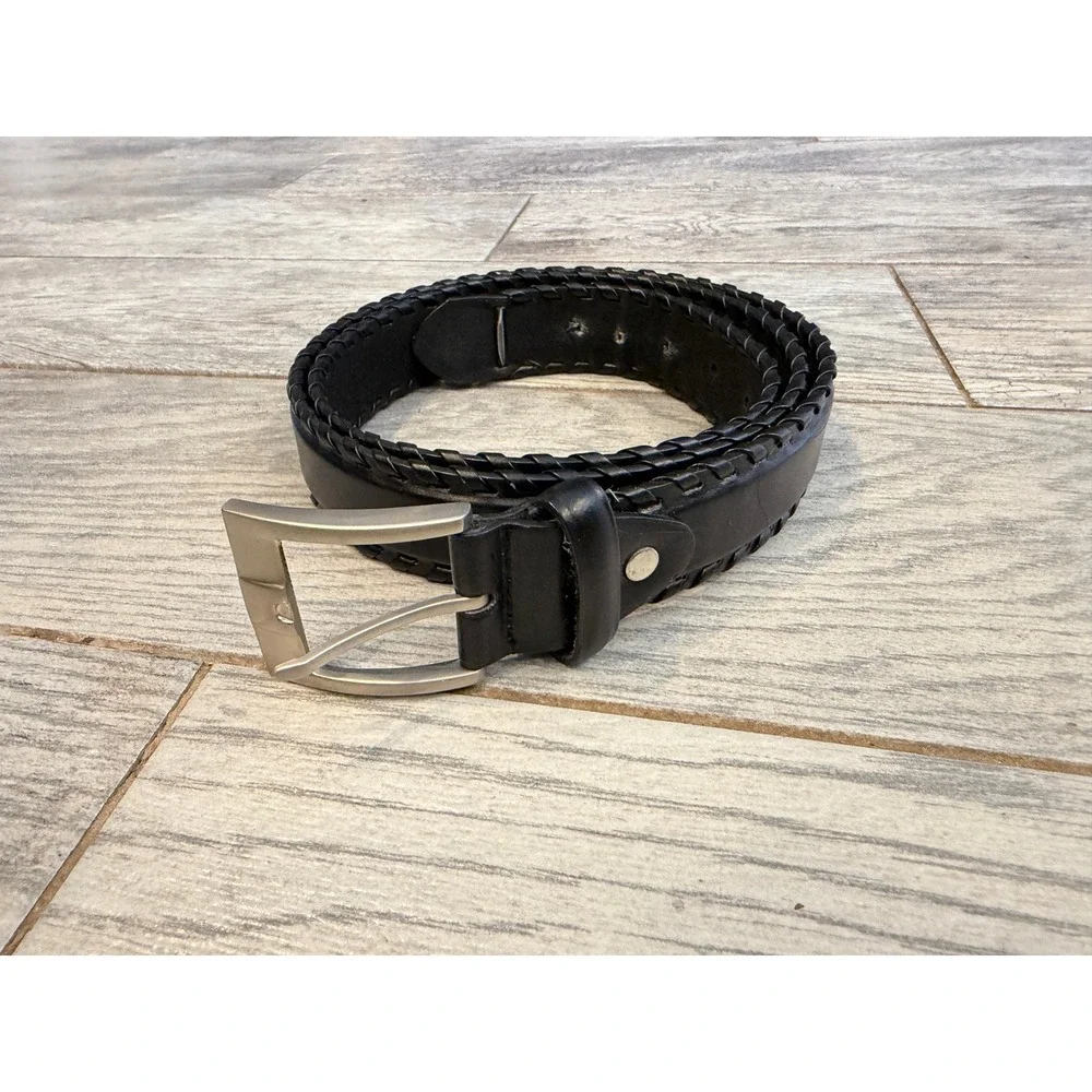 Braided Edge Genuine Leather Belt Mens 44 Black Whipstitch Silver Buckle Western
