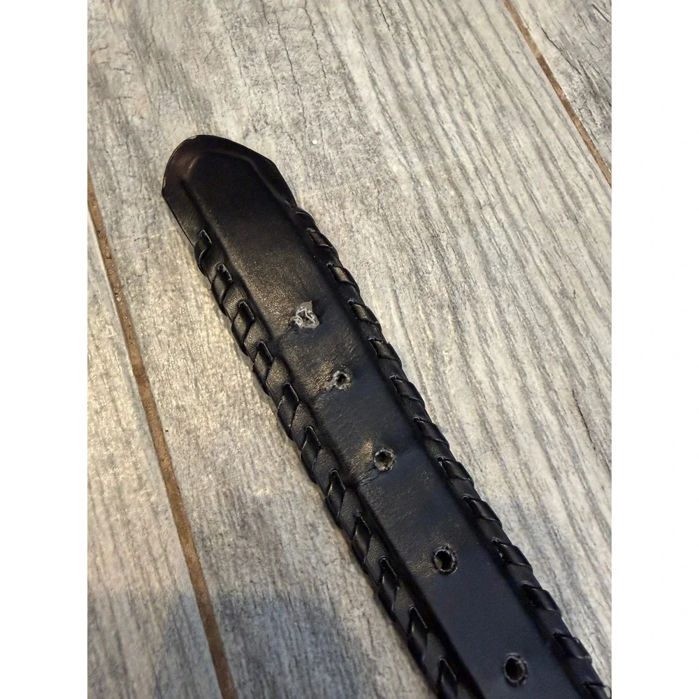 Braided Edge Genuine Leather Belt Mens 44 Black Whipstitch Silver Buckle Western