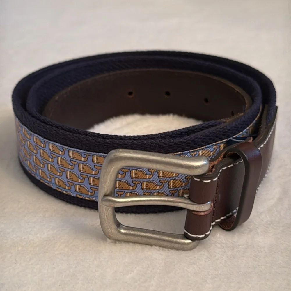 Vineyard Vines | Football Micro Whale Silk Canvas Club Belt Navy Blue Gameday 36