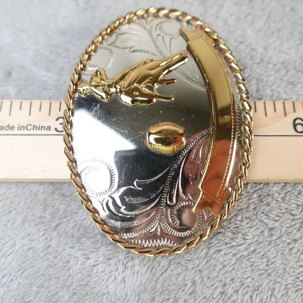 German Silver Belt Buckle‎ Barrel Racer Single Banner Filigree Scroll 3.5in