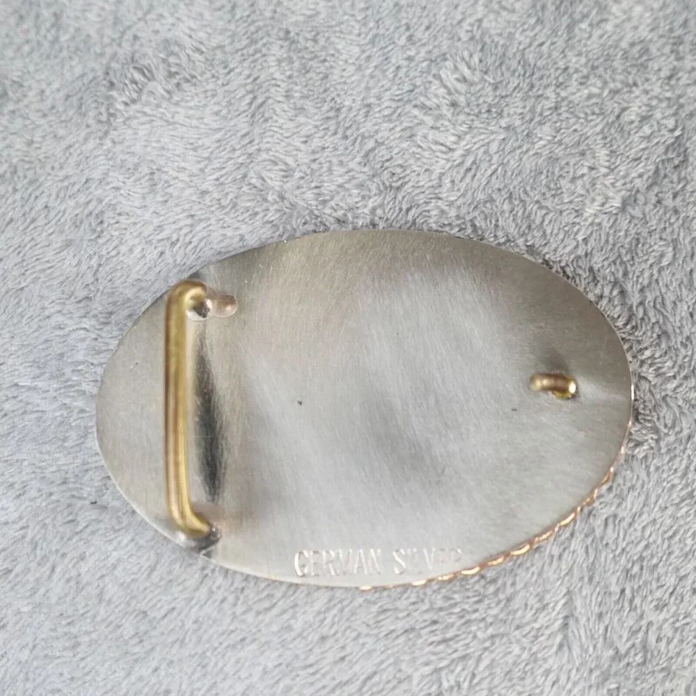 German Silver Belt Buckle‎ Barrel Racer Single Banner Filigree Scroll 3.5in