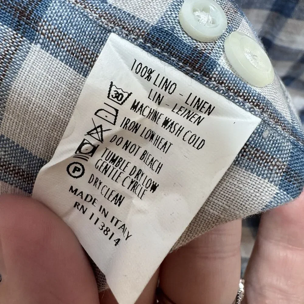 Billy Reid Standard Italian Linen Plaid Button Up Short Sleeve Shirt Men Medium
